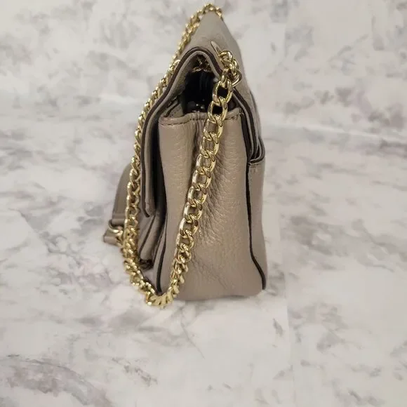 Michael Kors Sloan Small Shoulder Flap Beige Pebble Leather Bag Gold Chain Strap